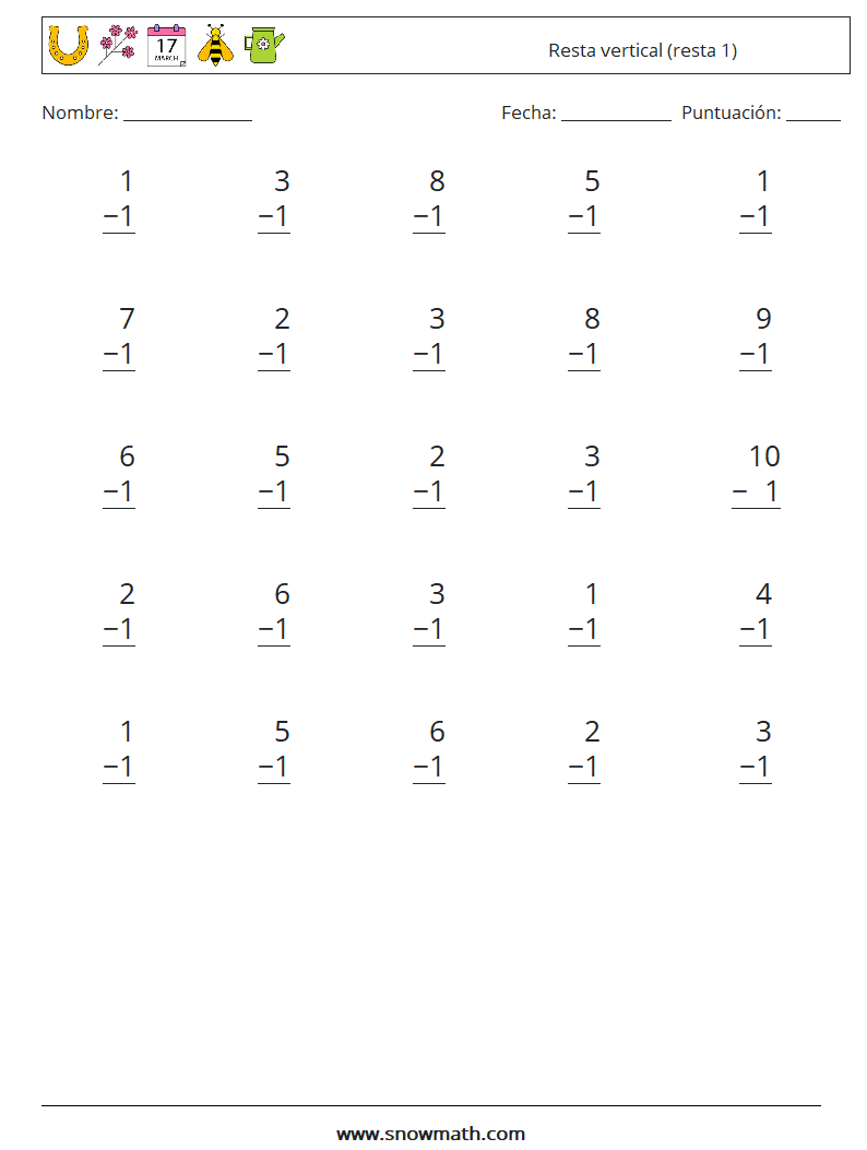 (25) Resta vertical (resta 1) Hojas de trabajo de matemáticas 6