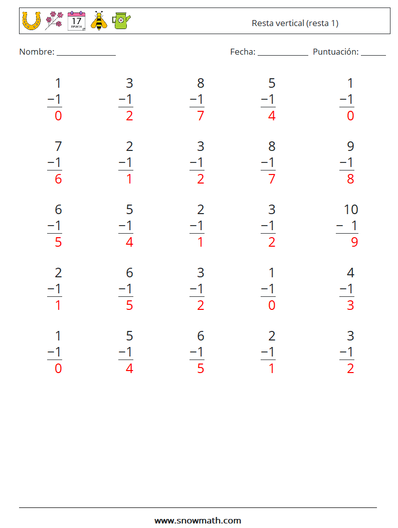 (25) Resta vertical (resta 1) Hojas de trabajo de matemáticas 6 Pregunta, respuesta