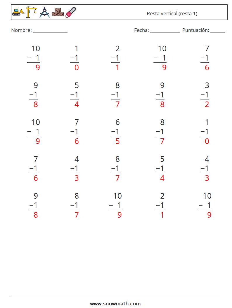 (25) Resta vertical (resta 1) Hojas de trabajo de matemáticas 8 Pregunta, respuesta