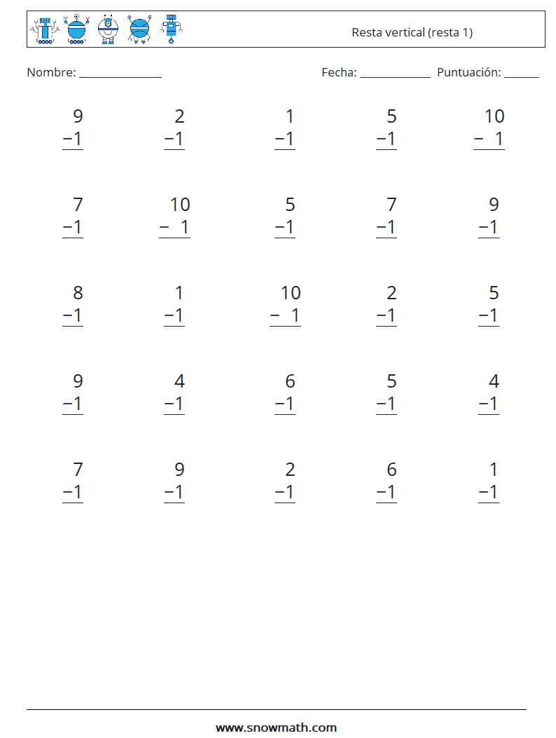 (25) Resta vertical (resta 1) Hojas de trabajo de matemáticas 9