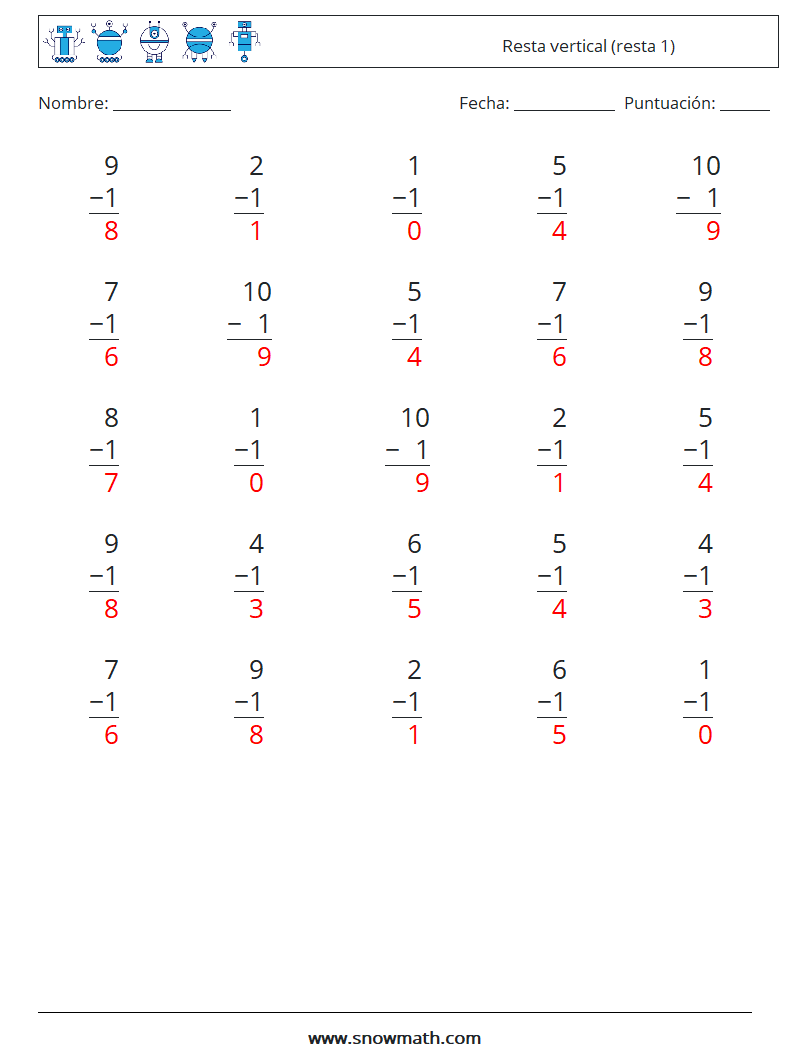 (25) Resta vertical (resta 1) Hojas de trabajo de matemáticas 9 Pregunta, respuesta