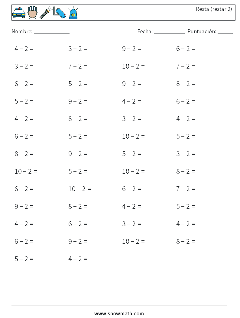 (50) Resta (restar 2) Hojas de trabajo de matemáticas 1