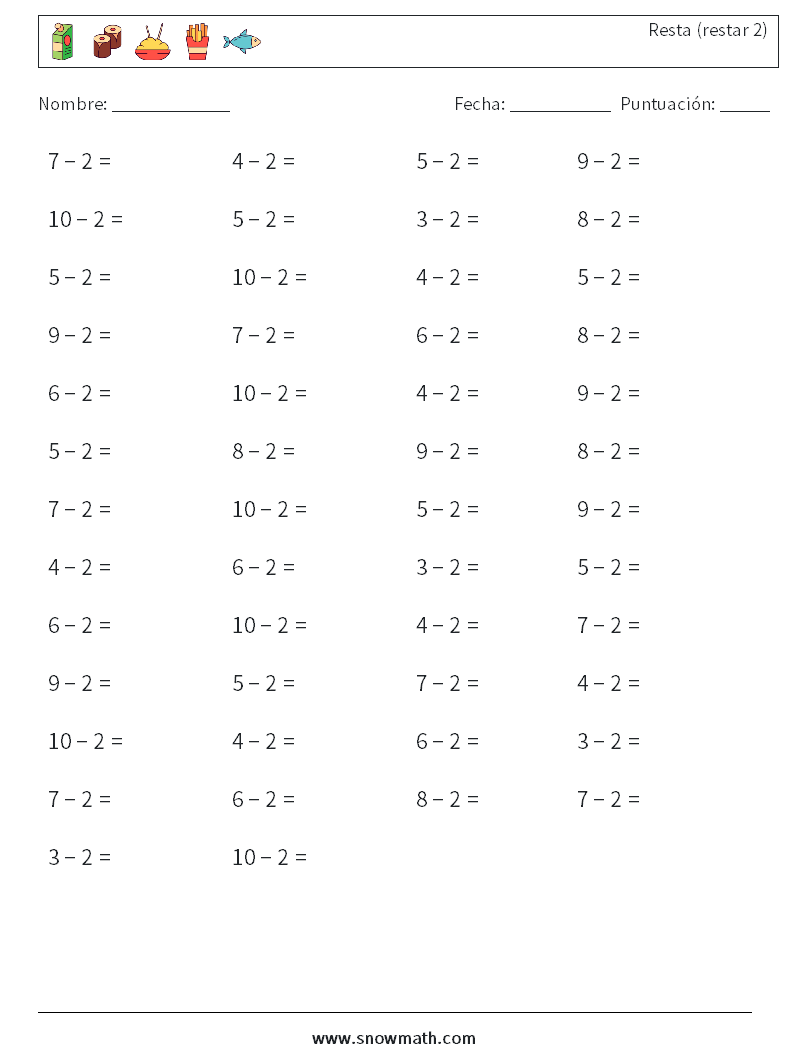 (50) Resta (restar 2) Hojas de trabajo de matemáticas 2