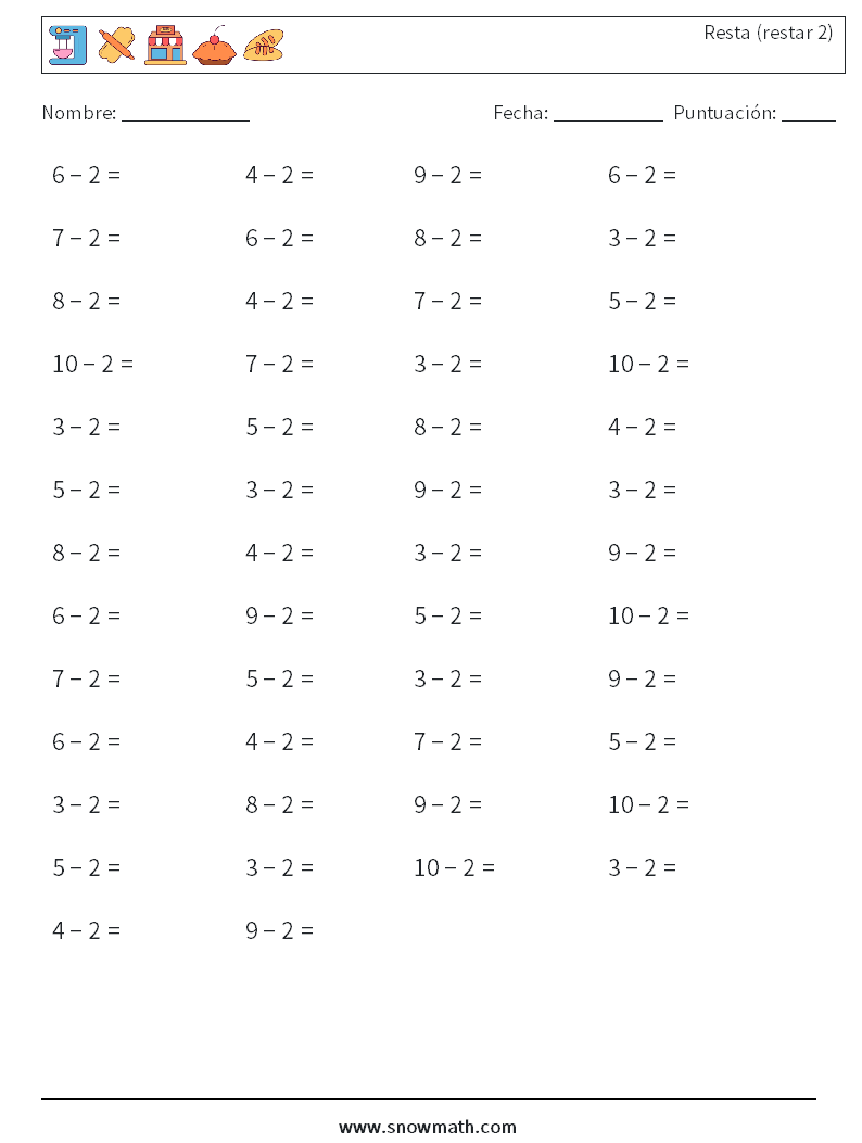 (50) Resta (restar 2) Hojas de trabajo de matemáticas 3