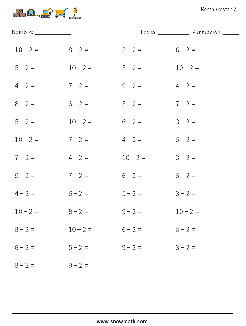 (50) Resta (restar 2) Hojas de trabajo de matemáticas 4