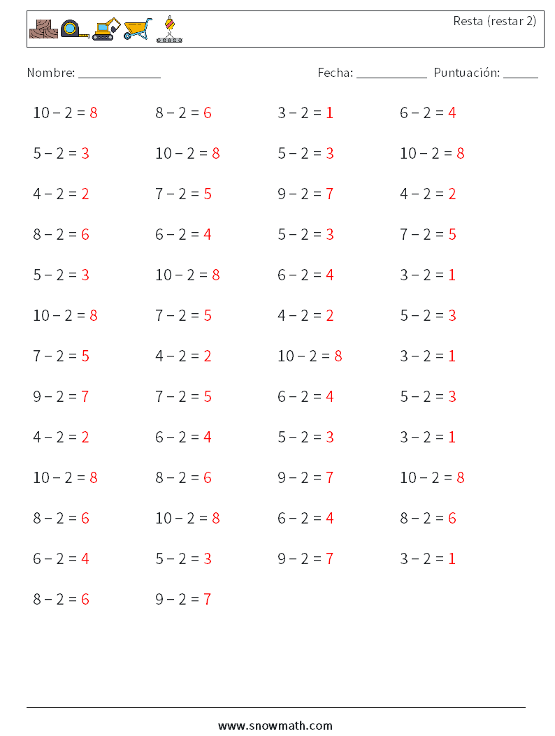 (50) Resta (restar 2) Hojas de trabajo de matemáticas 4 Pregunta, respuesta