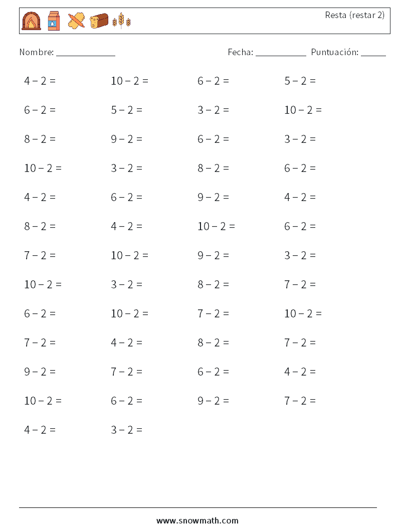 (50) Resta (restar 2) Hojas de trabajo de matemáticas 5