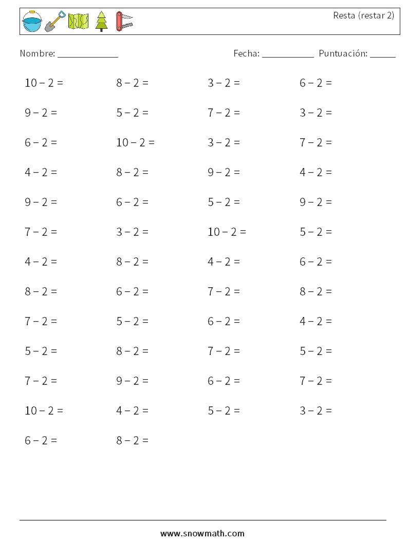 (50) Resta (restar 2) Hojas de trabajo de matemáticas 6