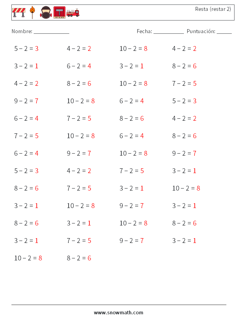(50) Resta (restar 2) Hojas de trabajo de matemáticas 7 Pregunta, respuesta