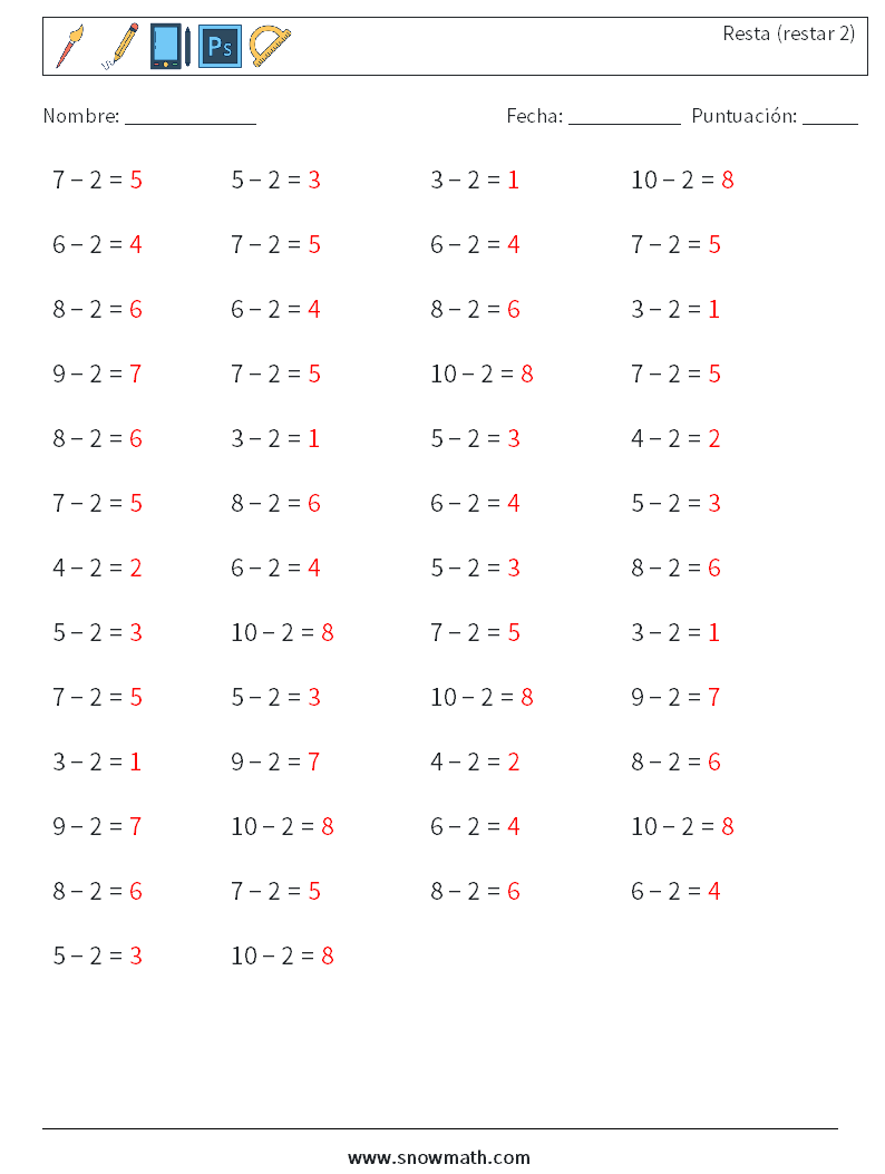 (50) Resta (restar 2) Hojas de trabajo de matemáticas 8 Pregunta, respuesta