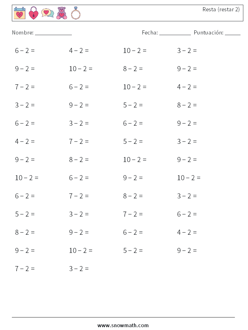 (50) Resta (restar 2) Hojas de trabajo de matemáticas 9