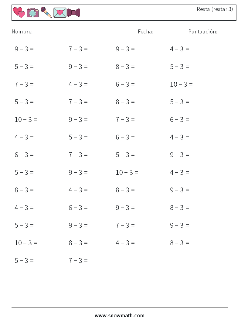 (50) Resta (restar 3) Hojas de trabajo de matemáticas 1