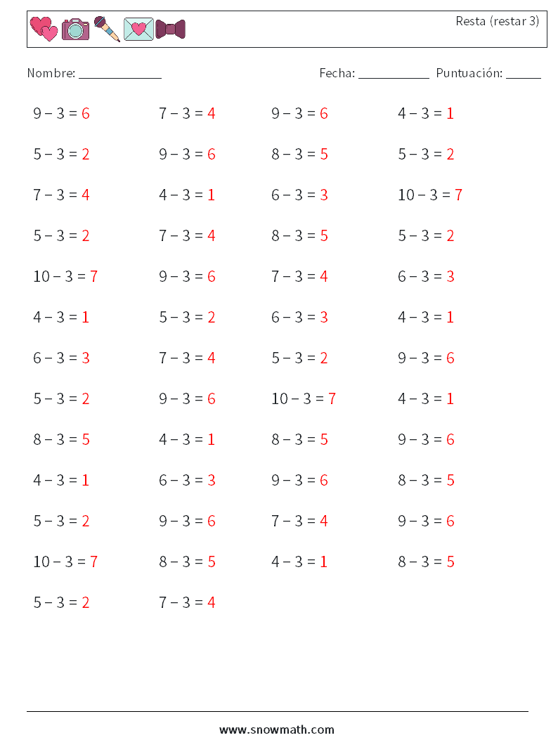 (50) Resta (restar 3) Hojas de trabajo de matemáticas 1 Pregunta, respuesta
