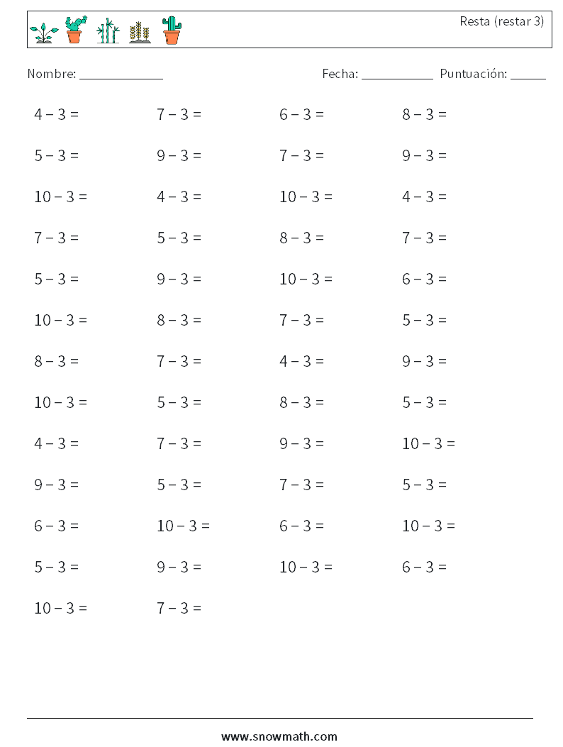 (50) Resta (restar 3) Hojas de trabajo de matemáticas 2