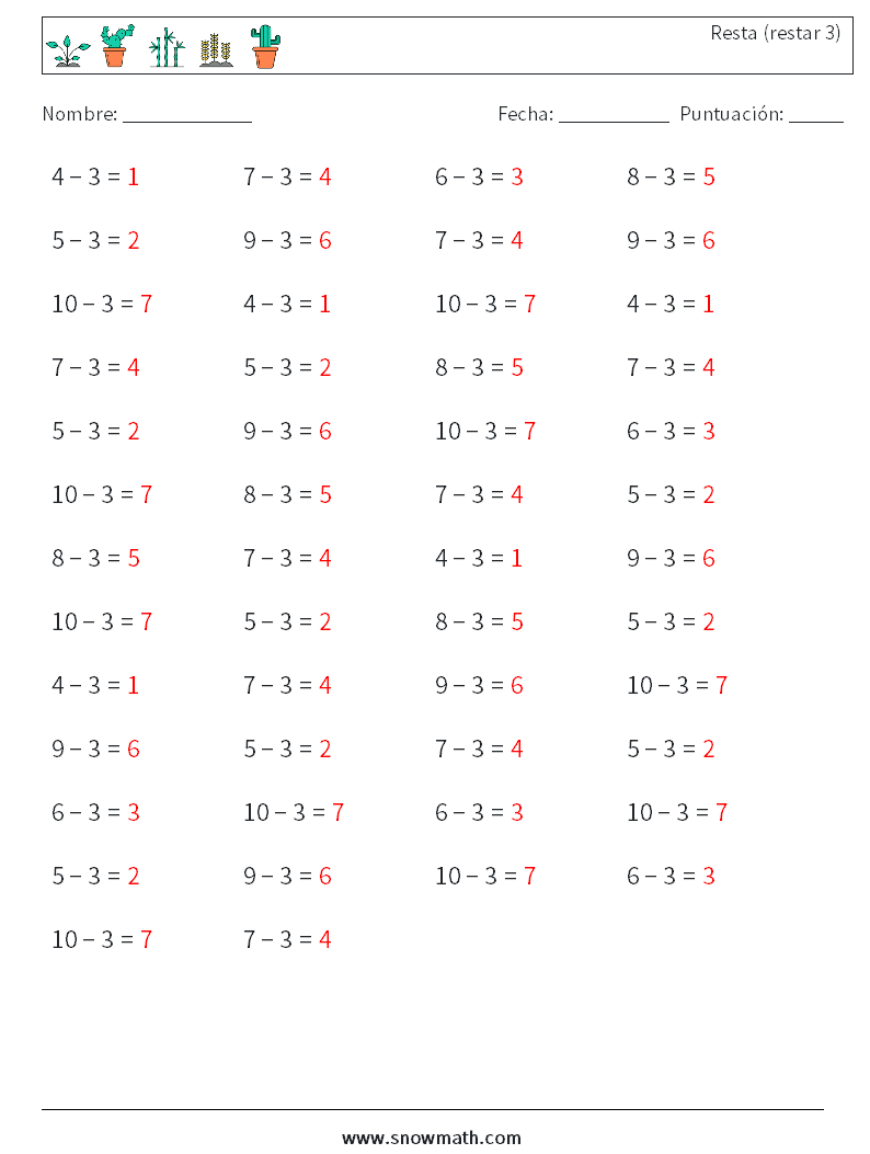 (50) Resta (restar 3) Hojas de trabajo de matemáticas 2 Pregunta, respuesta