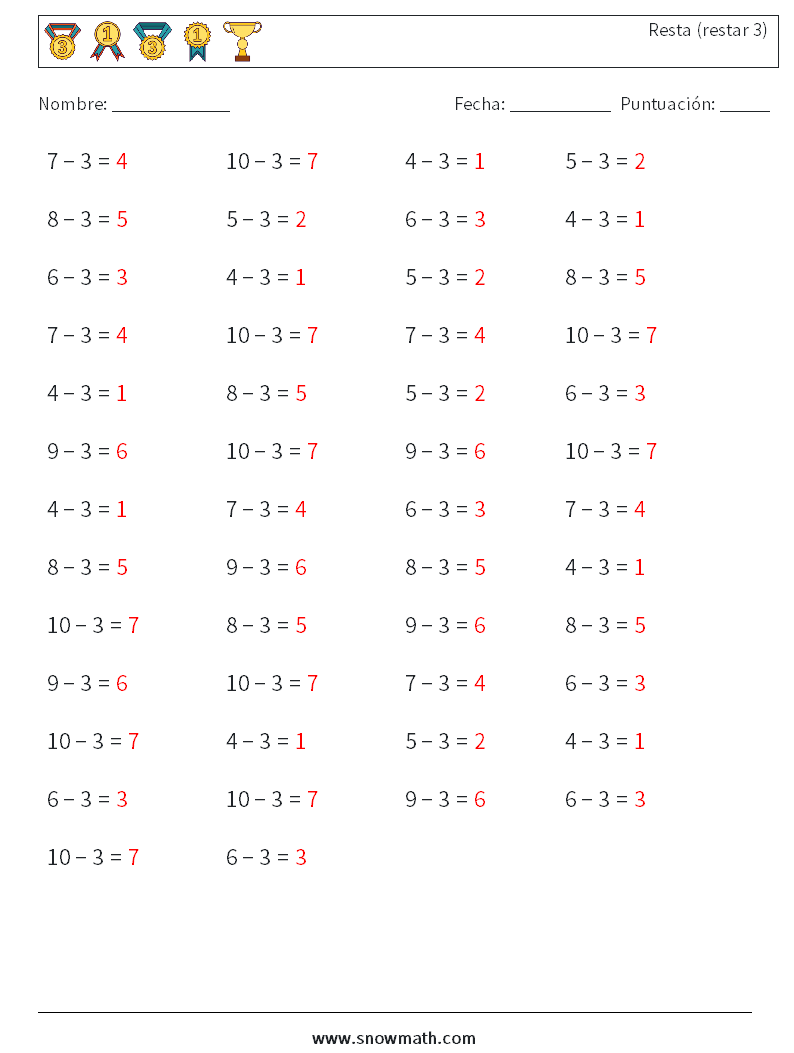 (50) Resta (restar 3) Hojas de trabajo de matemáticas 3 Pregunta, respuesta