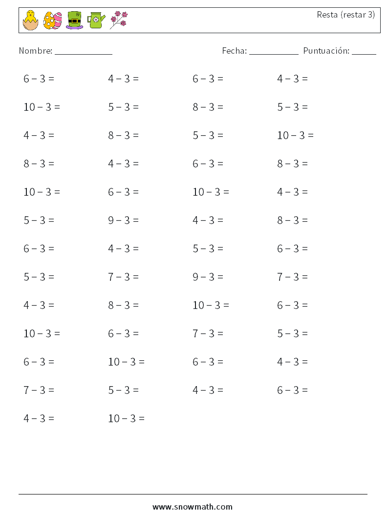 (50) Resta (restar 3) Hojas de trabajo de matemáticas 4