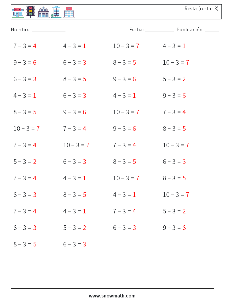 (50) Resta (restar 3) Hojas de trabajo de matemáticas 5 Pregunta, respuesta