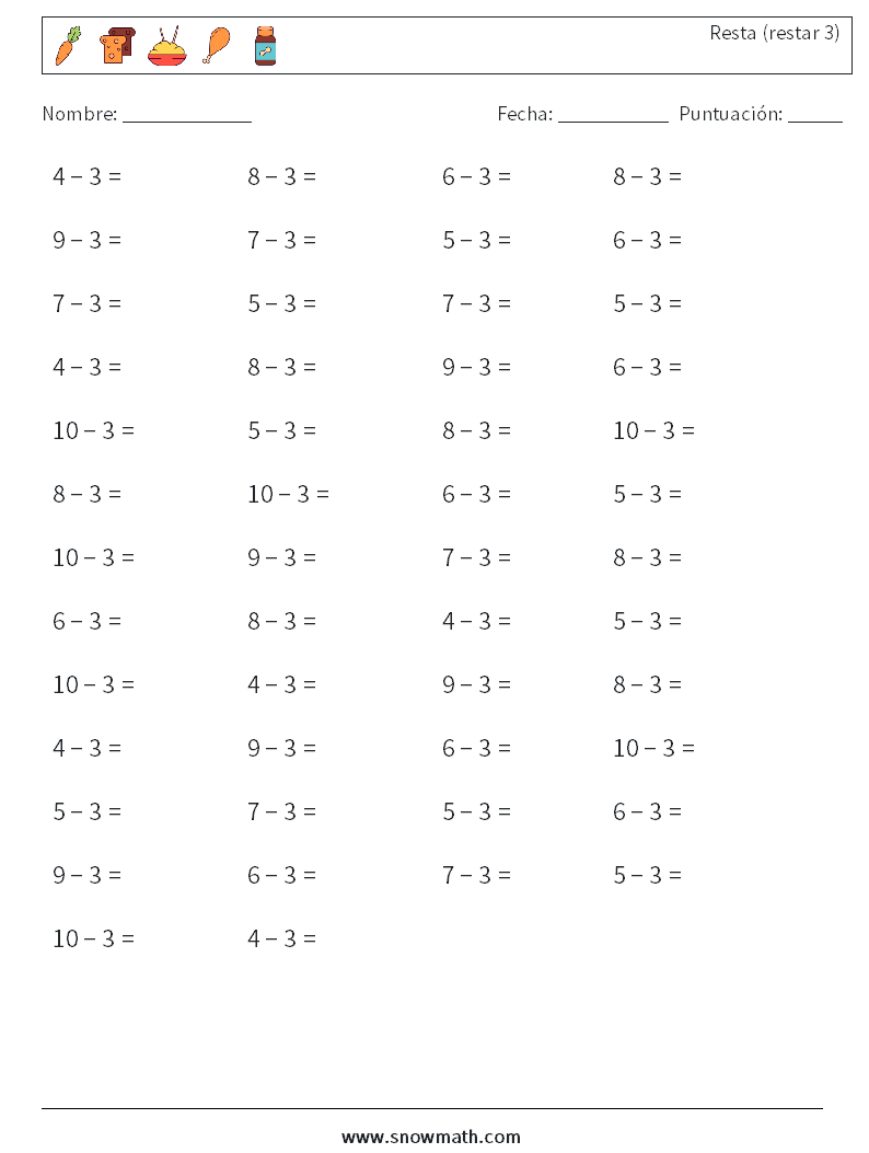 (50) Resta (restar 3) Hojas de trabajo de matemáticas 6