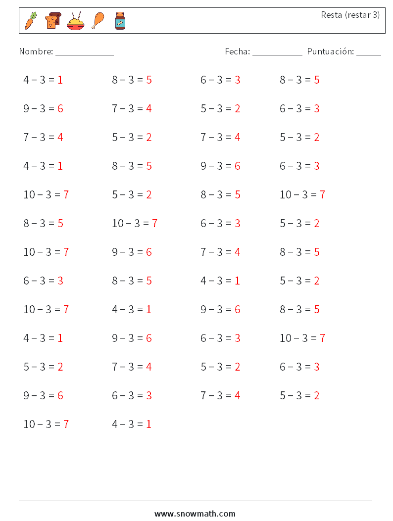 (50) Resta (restar 3) Hojas de trabajo de matemáticas 6 Pregunta, respuesta