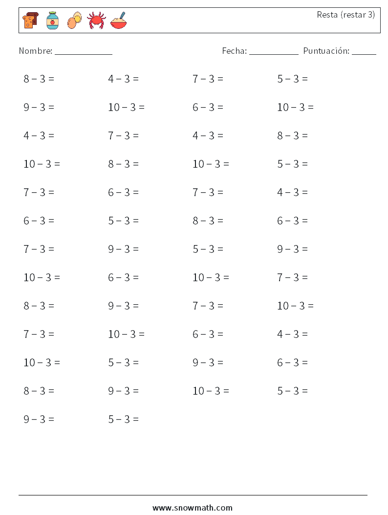 (50) Resta (restar 3) Hojas de trabajo de matemáticas 7