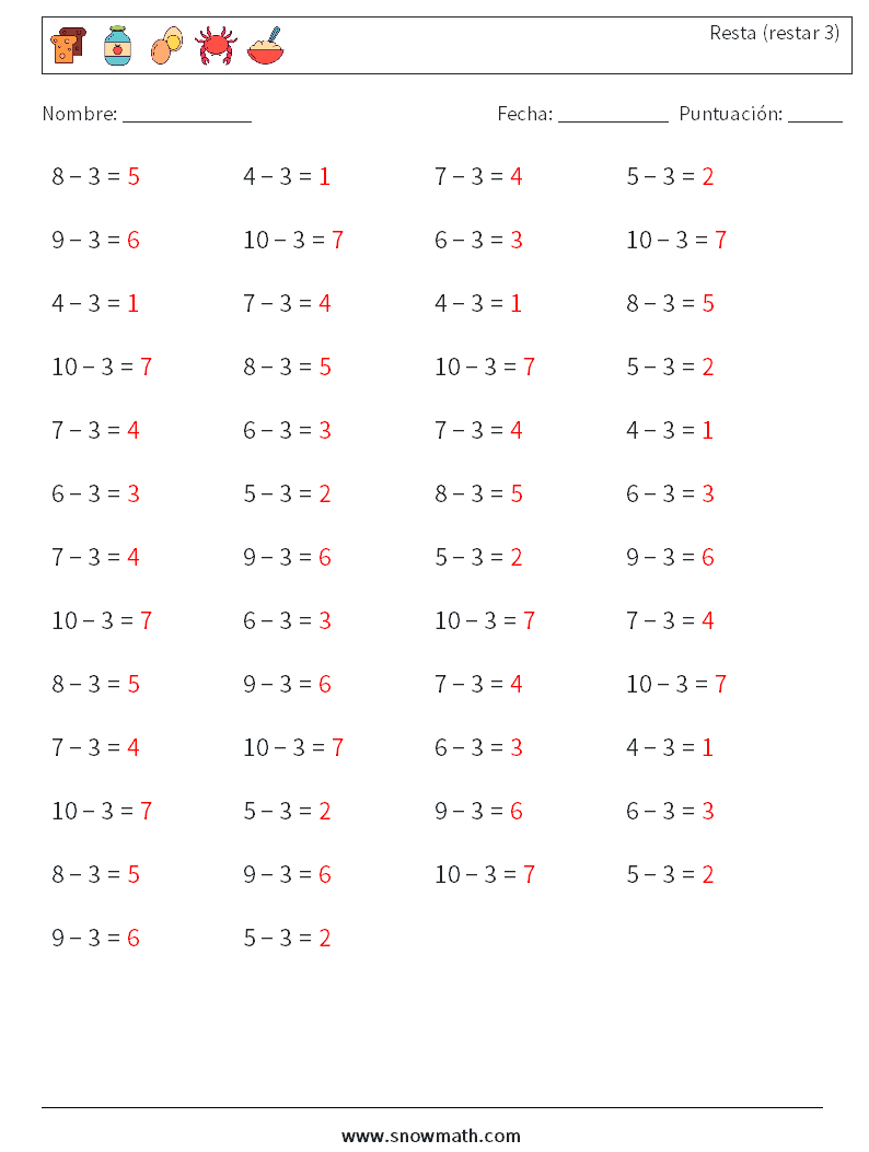 (50) Resta (restar 3) Hojas de trabajo de matemáticas 7 Pregunta, respuesta