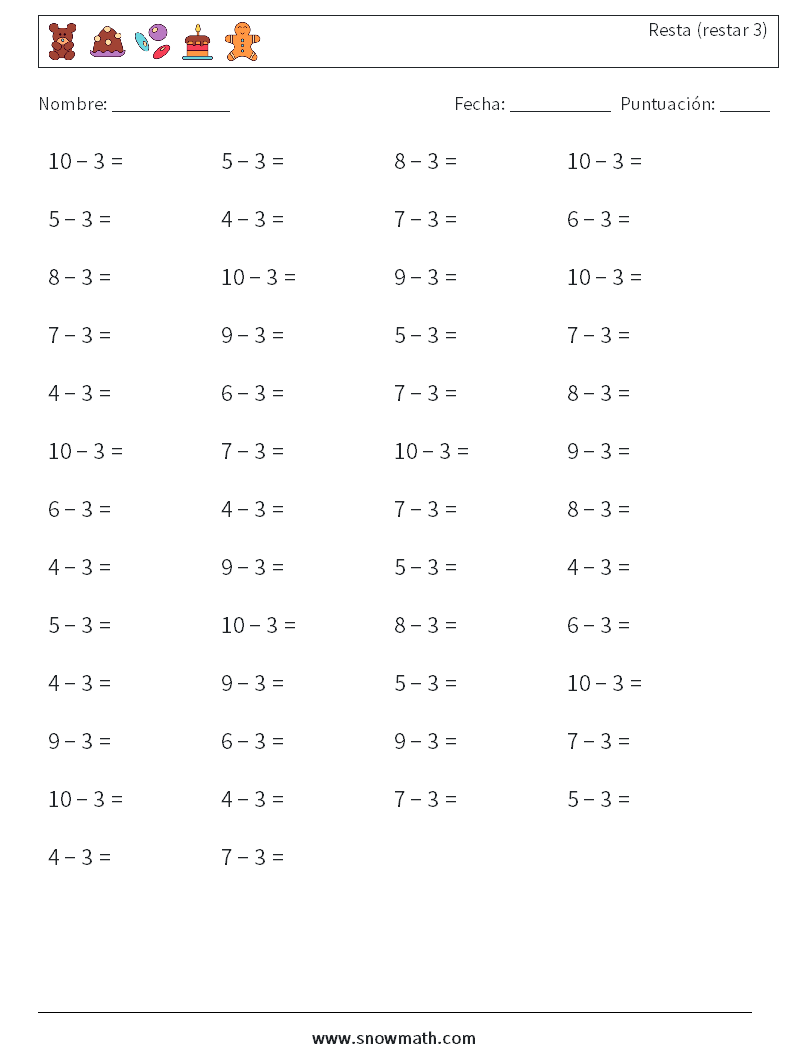 (50) Resta (restar 3) Hojas de trabajo de matemáticas 8