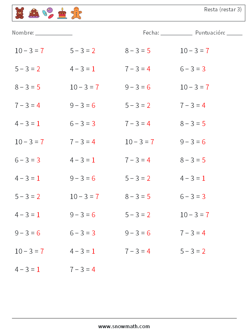(50) Resta (restar 3) Hojas de trabajo de matemáticas 8 Pregunta, respuesta