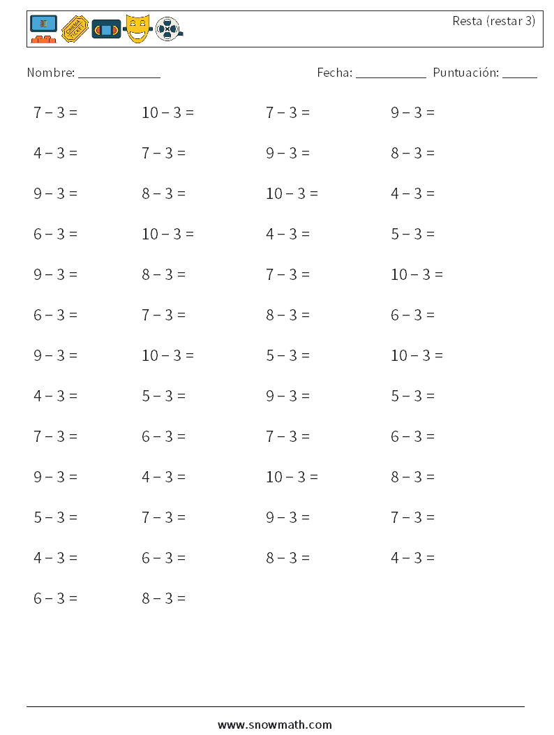 (50) Resta (restar 3) Hojas de trabajo de matemáticas 9