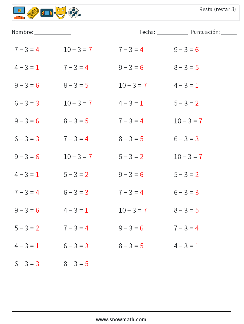 (50) Resta (restar 3) Hojas de trabajo de matemáticas 9 Pregunta, respuesta