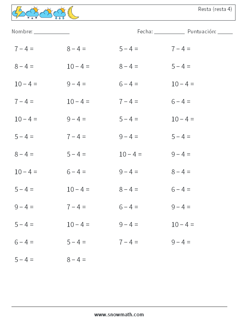 (50) Resta (resta 4) Hojas de trabajo de matemáticas 1