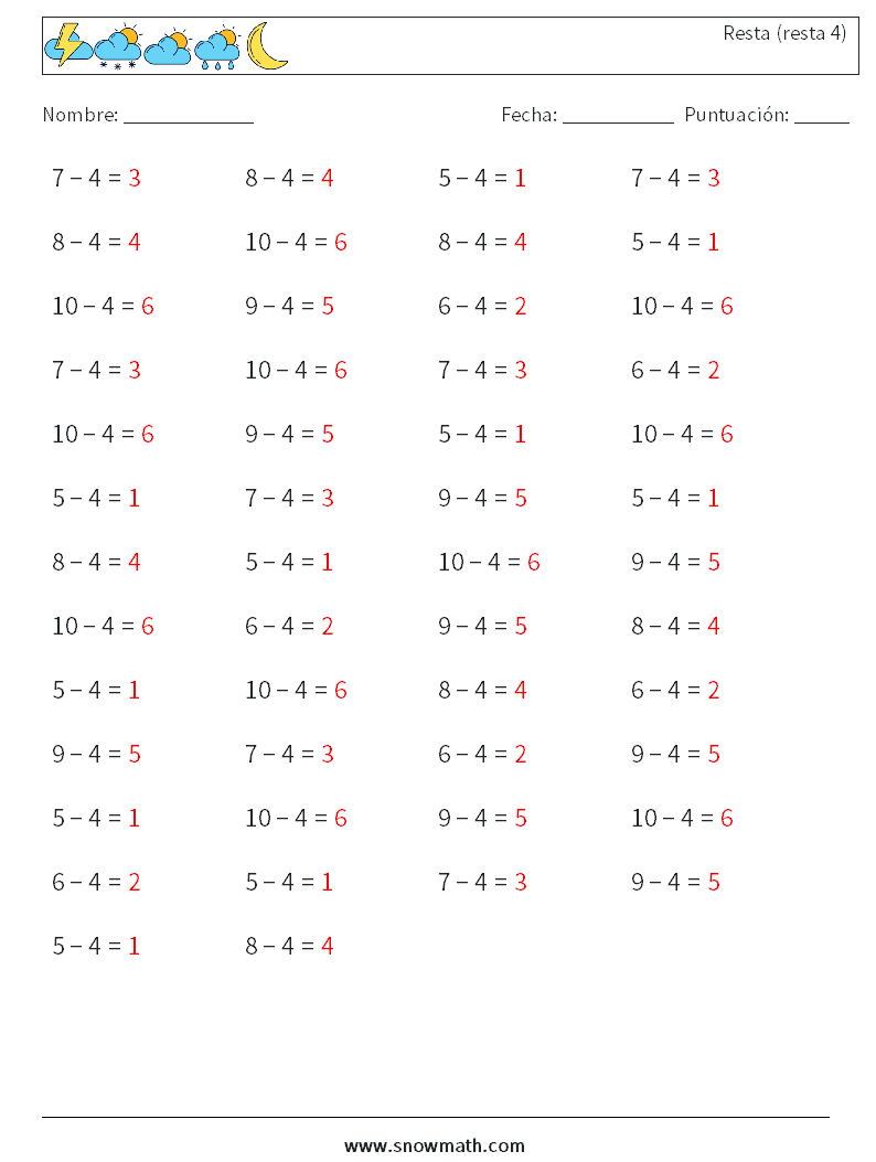 (50) Resta (resta 4) Hojas de trabajo de matemáticas 1 Pregunta, respuesta
