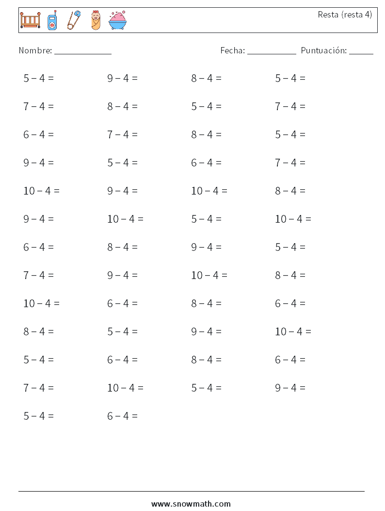 (50) Resta (resta 4) Hojas de trabajo de matemáticas 2