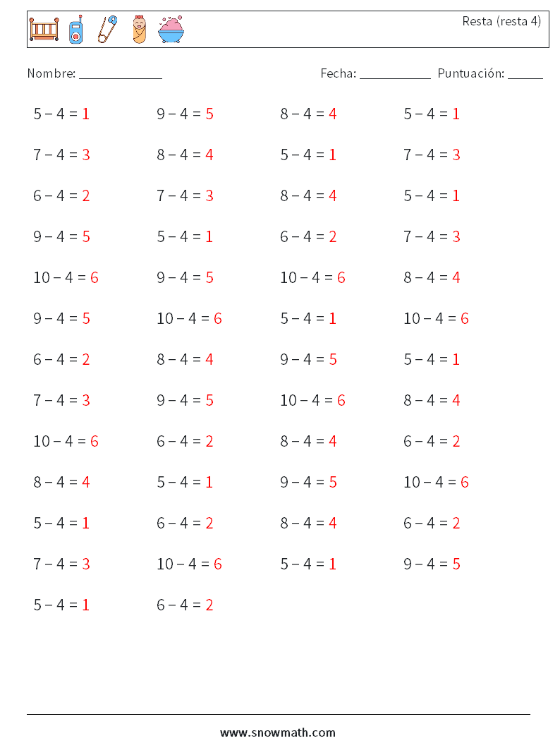 (50) Resta (resta 4) Hojas de trabajo de matemáticas 2 Pregunta, respuesta