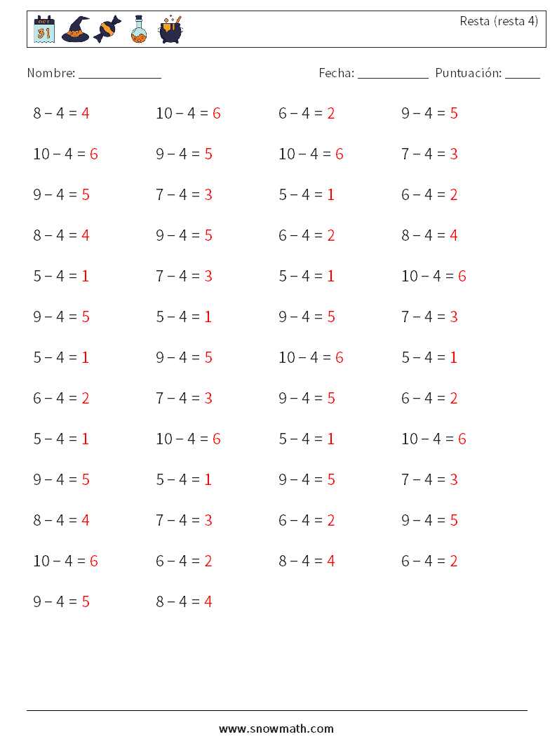 (50) Resta (resta 4) Hojas de trabajo de matemáticas 3 Pregunta, respuesta