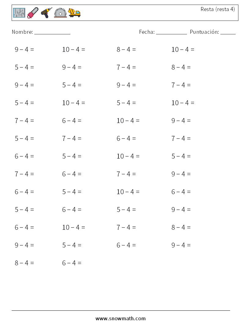 (50) Resta (resta 4) Hojas de trabajo de matemáticas 5