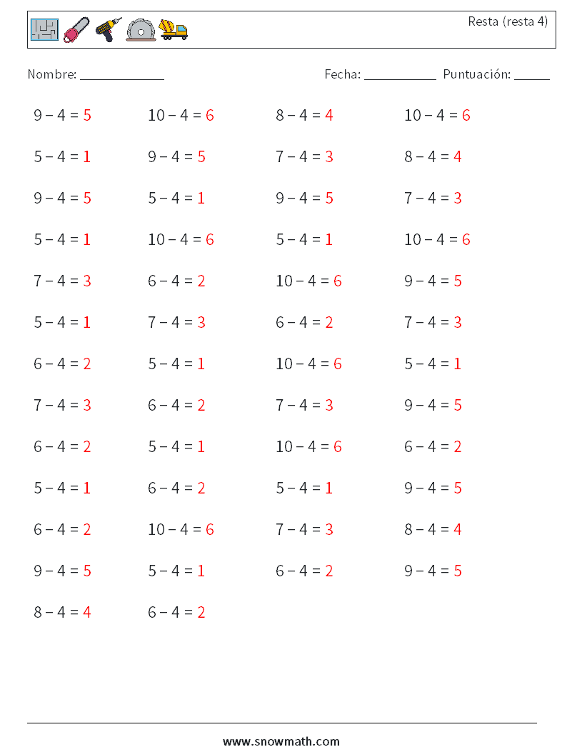 (50) Resta (resta 4) Hojas de trabajo de matemáticas 5 Pregunta, respuesta