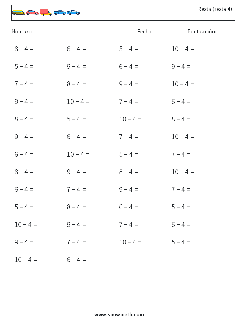 (50) Resta (resta 4) Hojas de trabajo de matemáticas 6