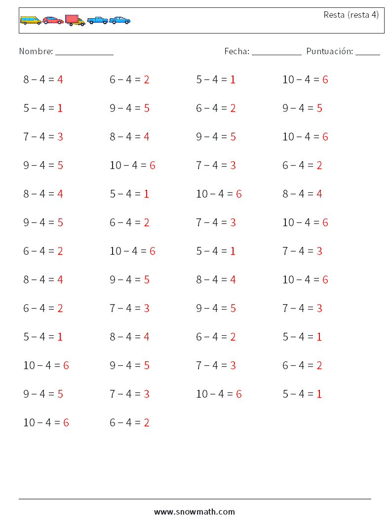 (50) Resta (resta 4) Hojas de trabajo de matemáticas 6 Pregunta, respuesta