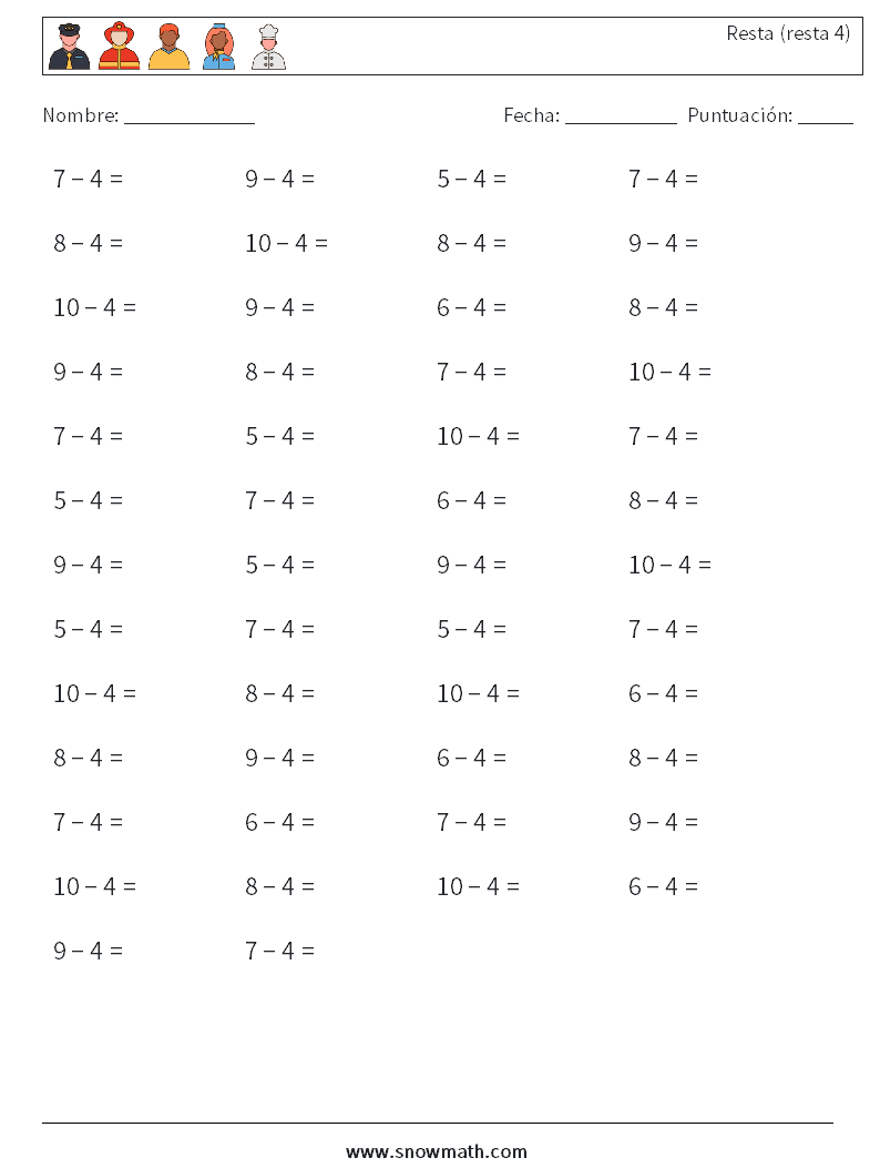 (50) Resta (resta 4) Hojas de trabajo de matemáticas 7