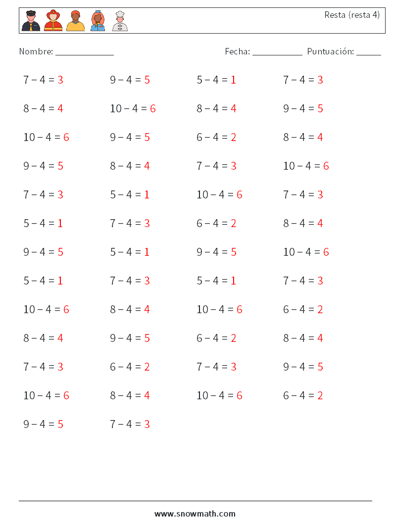 (50) Resta (resta 4) Hojas de trabajo de matemáticas 7 Pregunta, respuesta