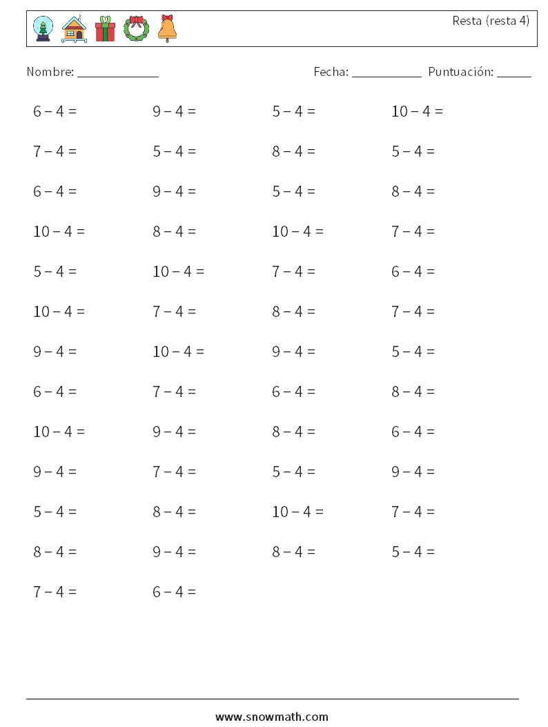 (50) Resta (resta 4) Hojas de trabajo de matemáticas 8