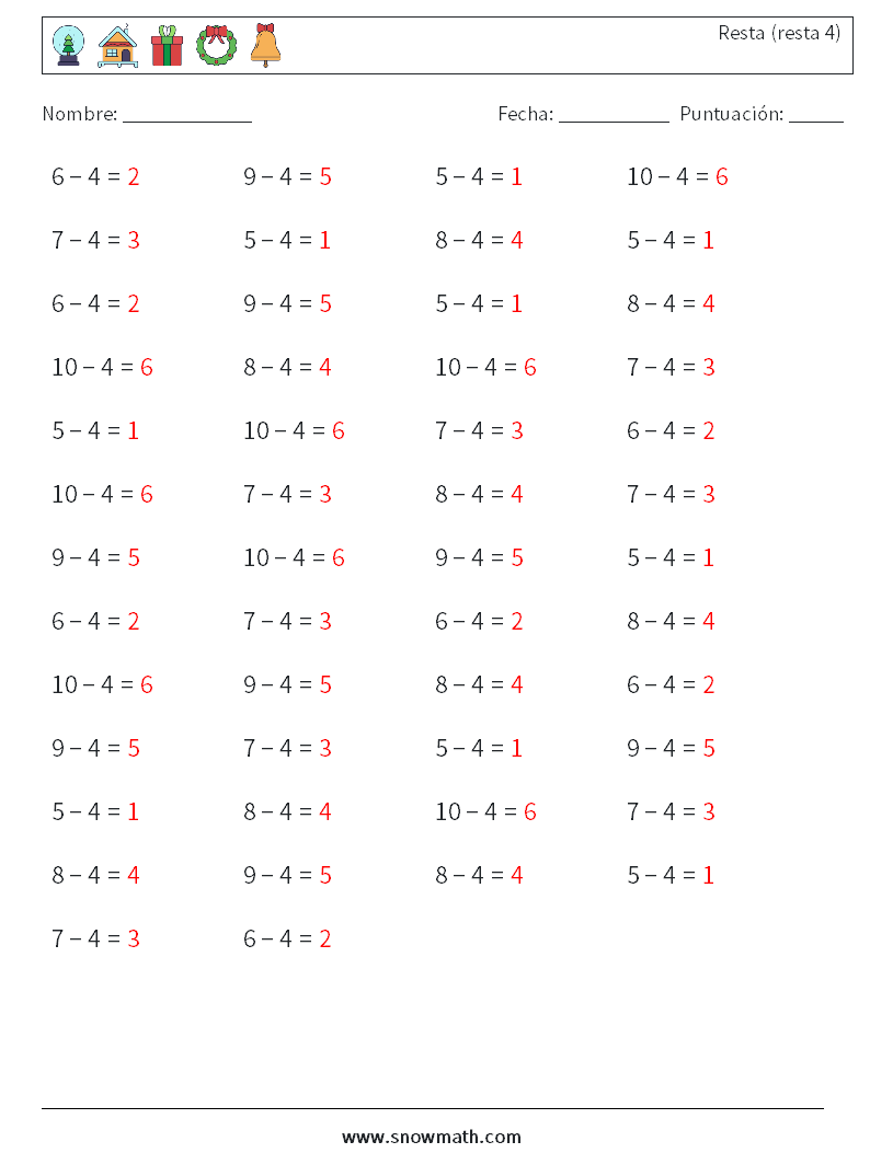 (50) Resta (resta 4) Hojas de trabajo de matemáticas 8 Pregunta, respuesta