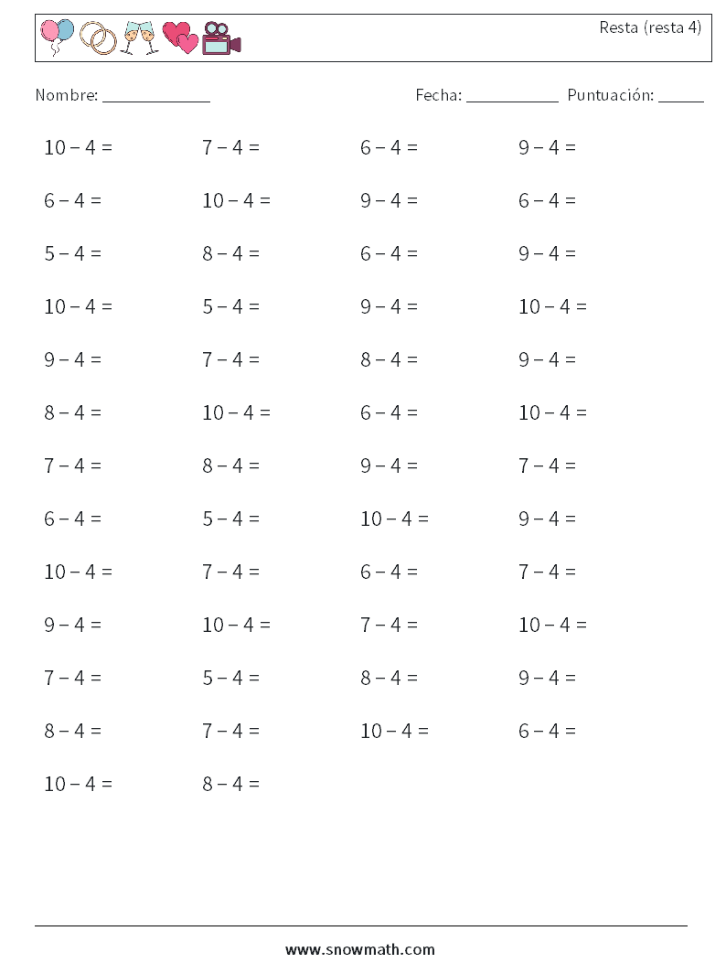 (50) Resta (resta 4) Hojas de trabajo de matemáticas 9