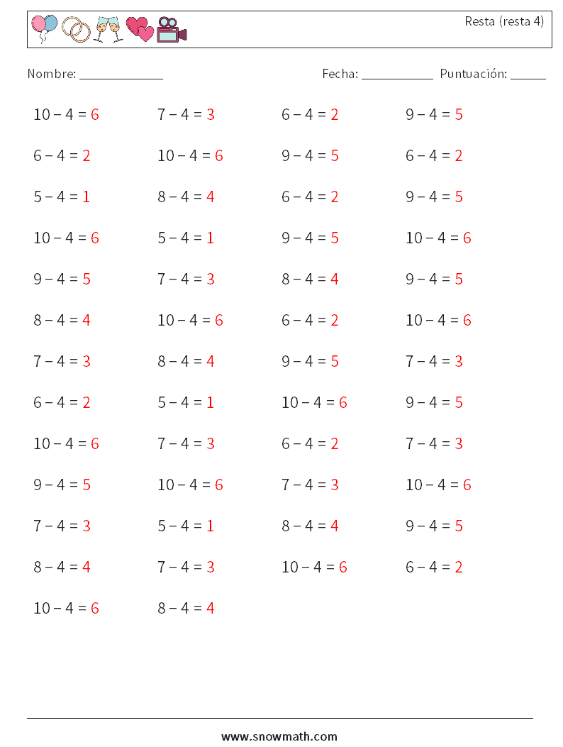(50) Resta (resta 4) Hojas de trabajo de matemáticas 9 Pregunta, respuesta