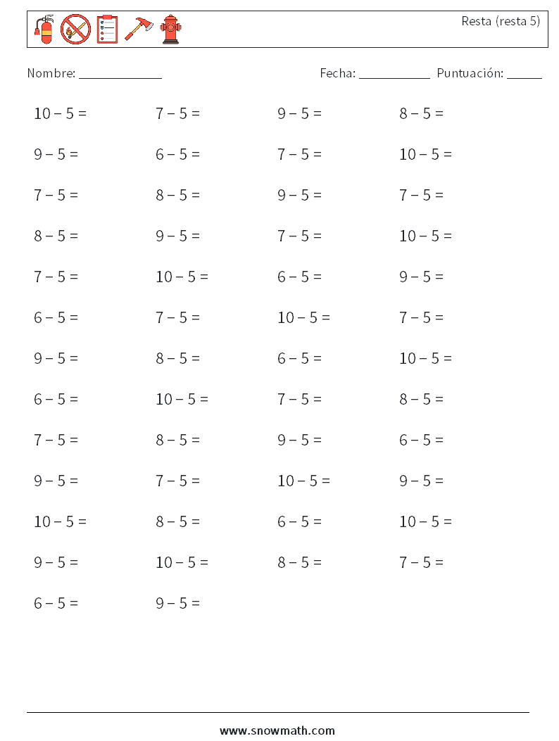 (50) Resta (resta 5) Hojas de trabajo de matemáticas 1