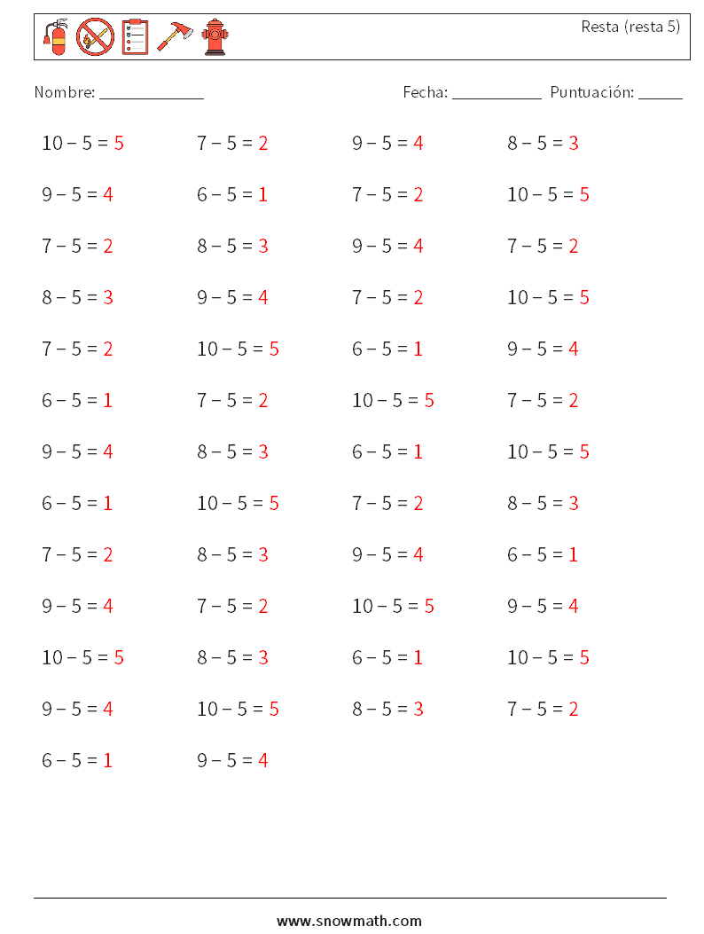 (50) Resta (resta 5) Hojas de trabajo de matemáticas 1 Pregunta, respuesta
