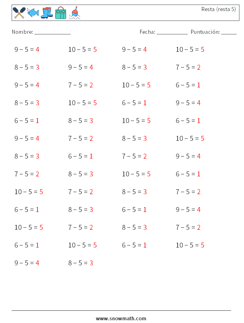 (50) Resta (resta 5) Hojas de trabajo de matemáticas 2 Pregunta, respuesta