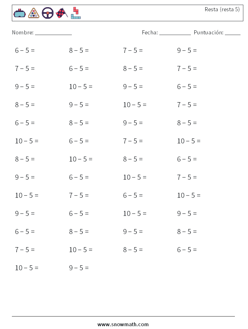 (50) Resta (resta 5) Hojas de trabajo de matemáticas 3