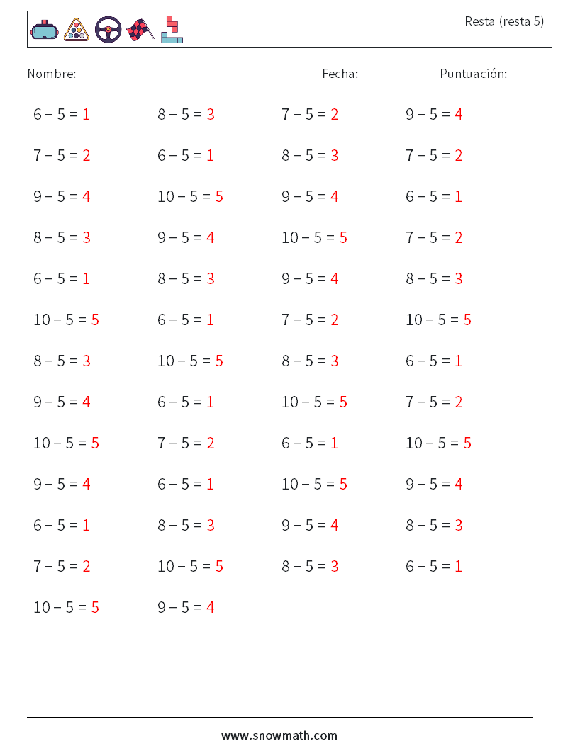 (50) Resta (resta 5) Hojas de trabajo de matemáticas 3 Pregunta, respuesta
